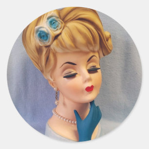 Sticker Rond Vintage Vase tête bleu Rose et main brillante