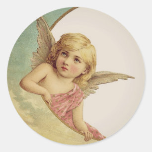 Sticker Rond Vintage Victorian Angel Moon Girl