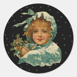 Sticker Rond Vintage Victorian Cloaked Girl Holly Night Stars