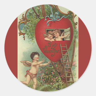 Sticker Rond Vintage victorien Saint-Valentin Chérubins cabane 