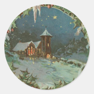 Sticker Rond Vintage Ville de Noël avec enfants