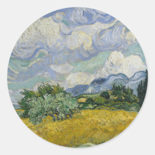 Sticker Rond Vintage Vincent Van Gogh Champ de blé avec Cyprès