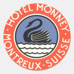 Sticker Rond Vintage voyage, Swan Bird Hotel Monney Suisse