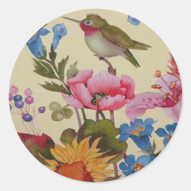 Sticker Rond Vintages amis des colibris Fleurs sauvages (Devant)