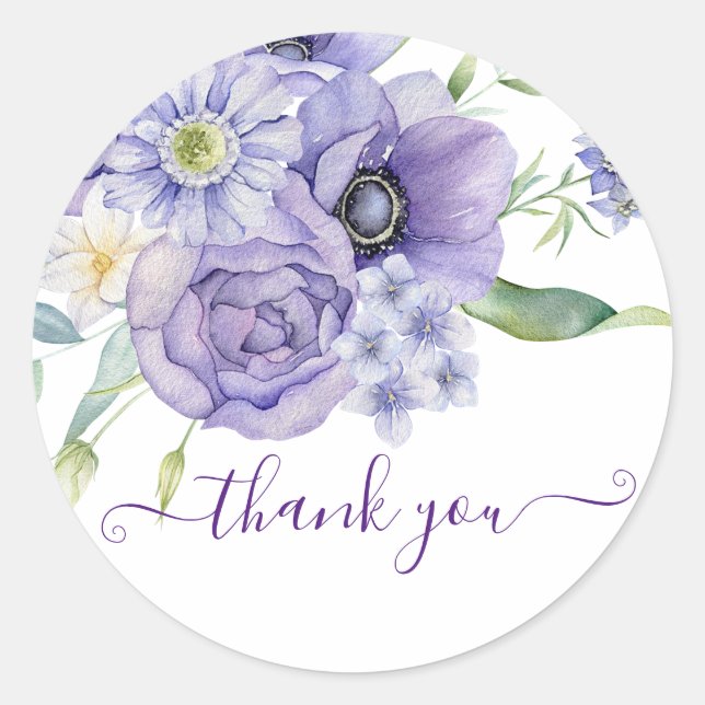Sticker Rond Violet aquarelle florale merci (Devant)