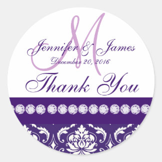 Sticker Rond Violet blanc Damas Merci mariage Faveur