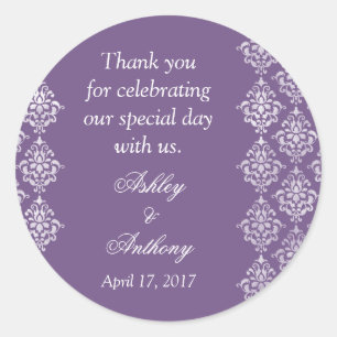 Sticker Rond Violet blanc Damask Arabesque Mariage personnalisé
