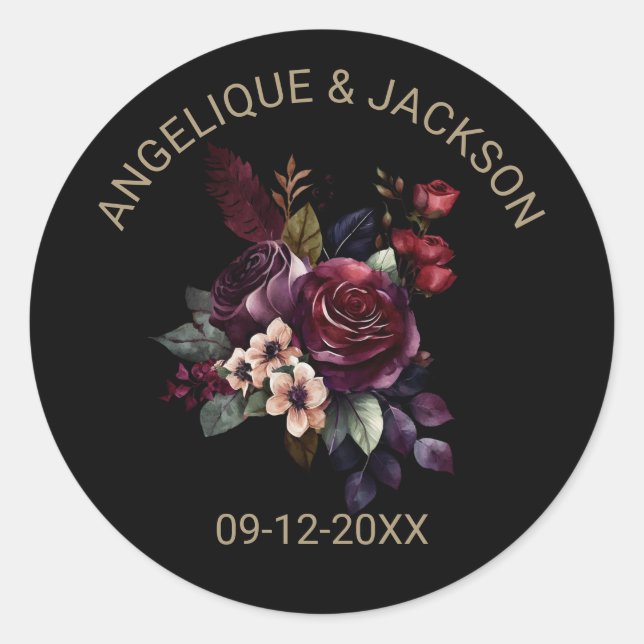Sticker Rond Violet Bourgogne Floral noir Mariage (Devant)