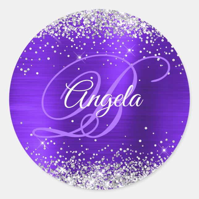 Sticker Rond Violet Fancy Monogramme Pailleté Argent (Devant)