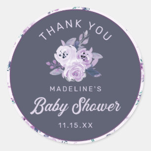 Sticker Rond Violet foncé et Turquoise Merci de Baby shower Flo