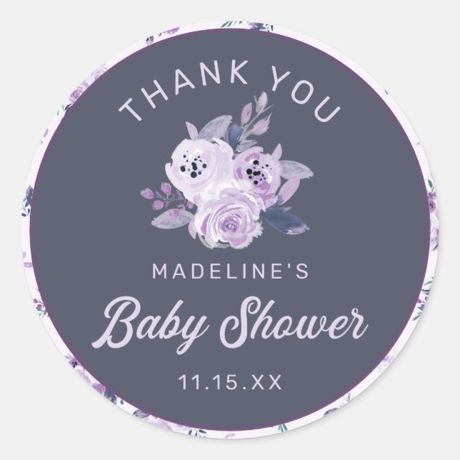 Sticker Rond Violet foncé et Turquoise Merci de Baby shower Flo (Devant)