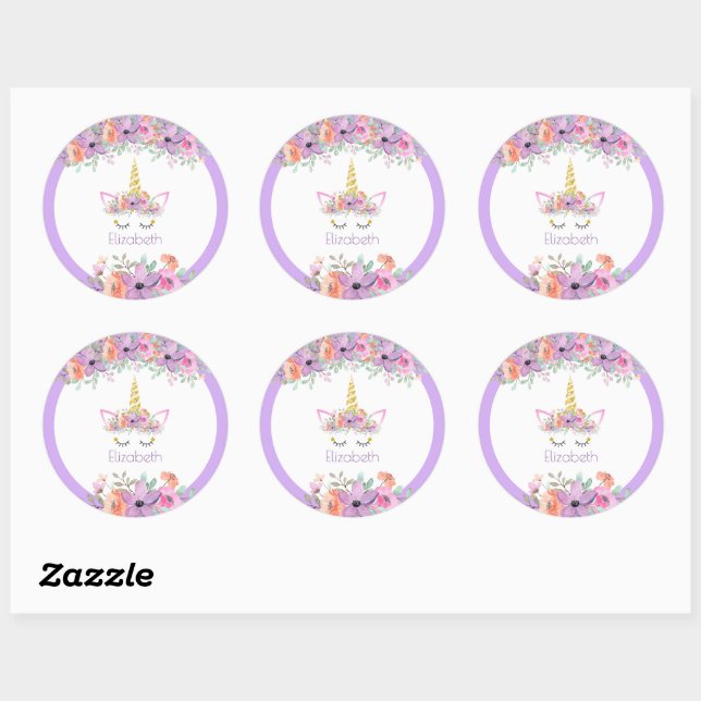 Sticker Rond Violet frais | Unicorn fête d'anniversaire (Feuille)