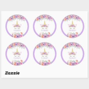 Sticker Rond Violet frais   Unicorn fête d'anniversaire