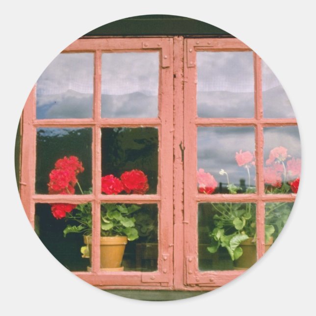 Sticker Rond Violet Geraniums Dans La Fenêtre D'Un Ho Tradition (Devant)