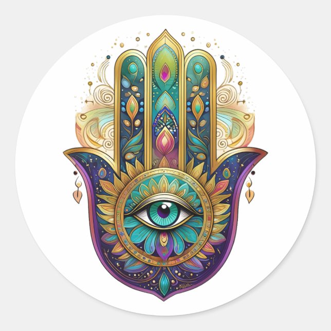 Sticker Rond Violet Green Gold Petals Hamsa Turquoise Third Eye (Devant)