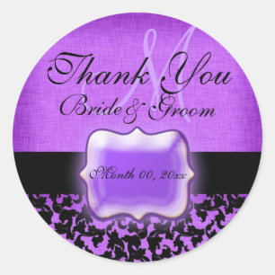 Sticker Rond Violet noir "merci" mariage damask