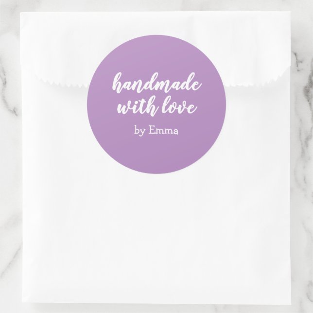 Sticker Rond Violet Personnalisé Fait Main avec Amour Minimalis (Sac)