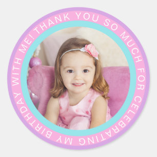 Sticker Rond Violet rose Enfants Photo Anniversaire Merci