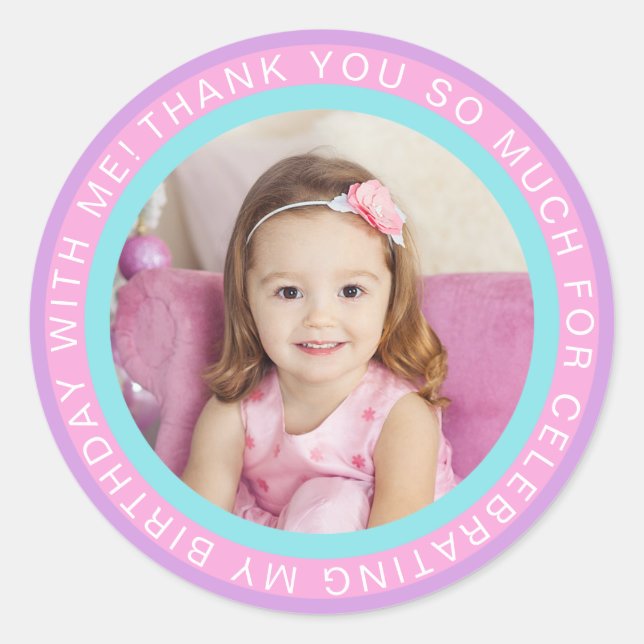 Sticker Rond Violet rose Enfants Photo Anniversaire Merci (Devant)