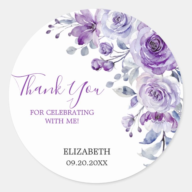Sticker Rond Violet Rose verdure Floral Anniversaire Merci (Devant)