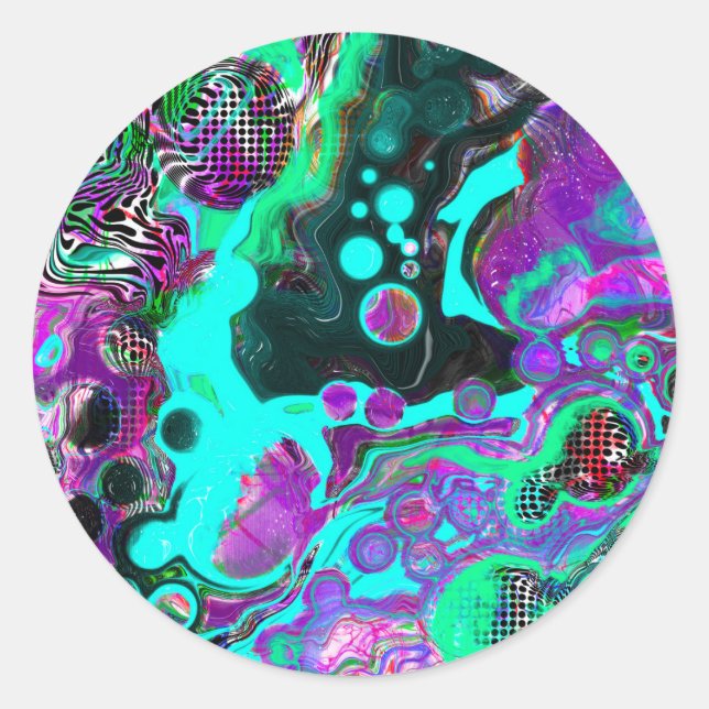 Sticker Rond Violet, Turquoise, Bleu, Noir Coloré Liquide Abstr (Devant)