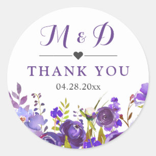 Sticker Rond Violet Violet Fleurs Sauvages Monogramme Mariage F