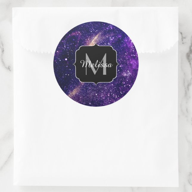 Sticker Rond Violet violet galaxie abstraite Monogramme personn (Sac)