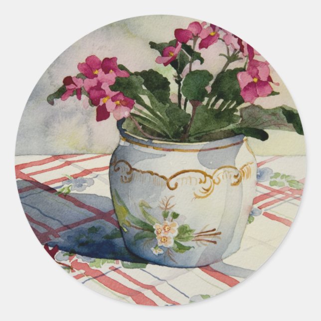 Sticker Rond Violets africains en pot bleu 1790 (Devant)