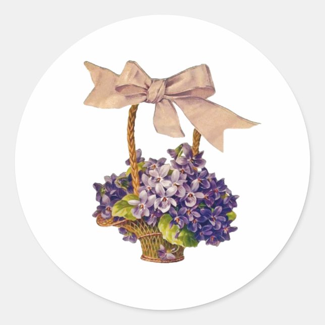 Sticker Rond Violettes vintages dans un panier (Devant)