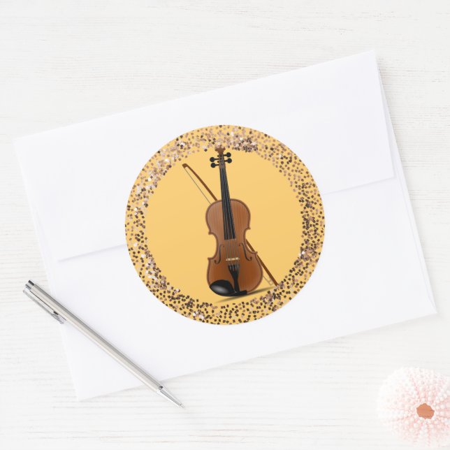 Sticker Rond Violon et Bow, cadre de parties scintillant, (Enveloppe)
