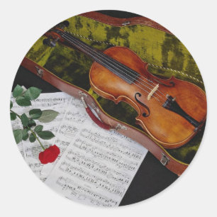 Sticker Rond Violon et rose rouge sur arrière - plan noir