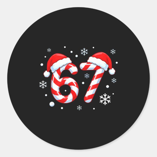 Sticker Rond Viral 67 Candy Cane Six Seven Meme Santa Holiday K (Devant)