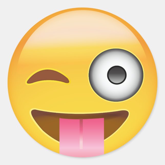 Sticker Rond Visage Avec Coincé La Langue Et L'Oeil Émoji Éclat (Devant)