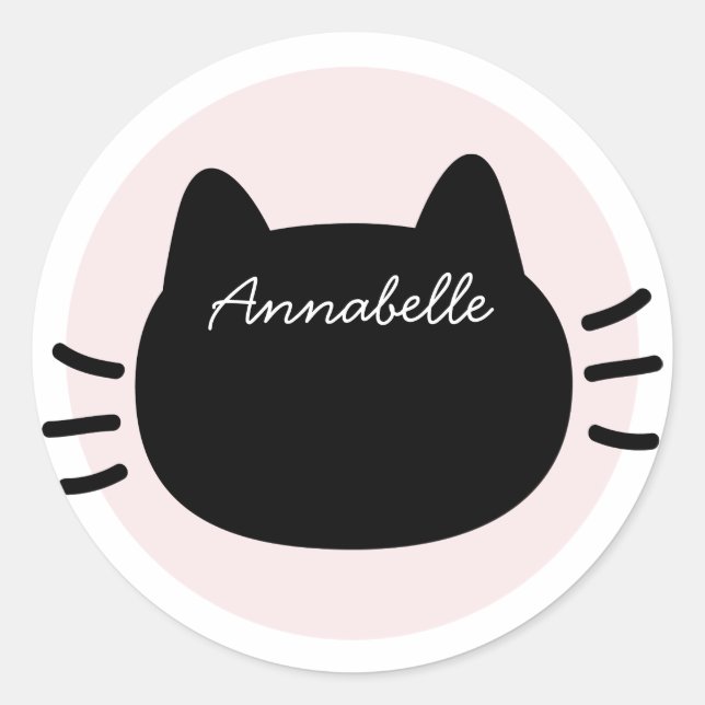 Sticker Rond Visage de Chat Noir Nom Rose (Devant)