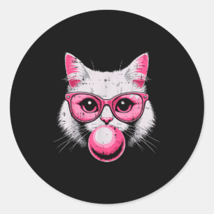 Sticker Rond Visage de Chat Rose Gomme Bulles Mignonne Femme Fi