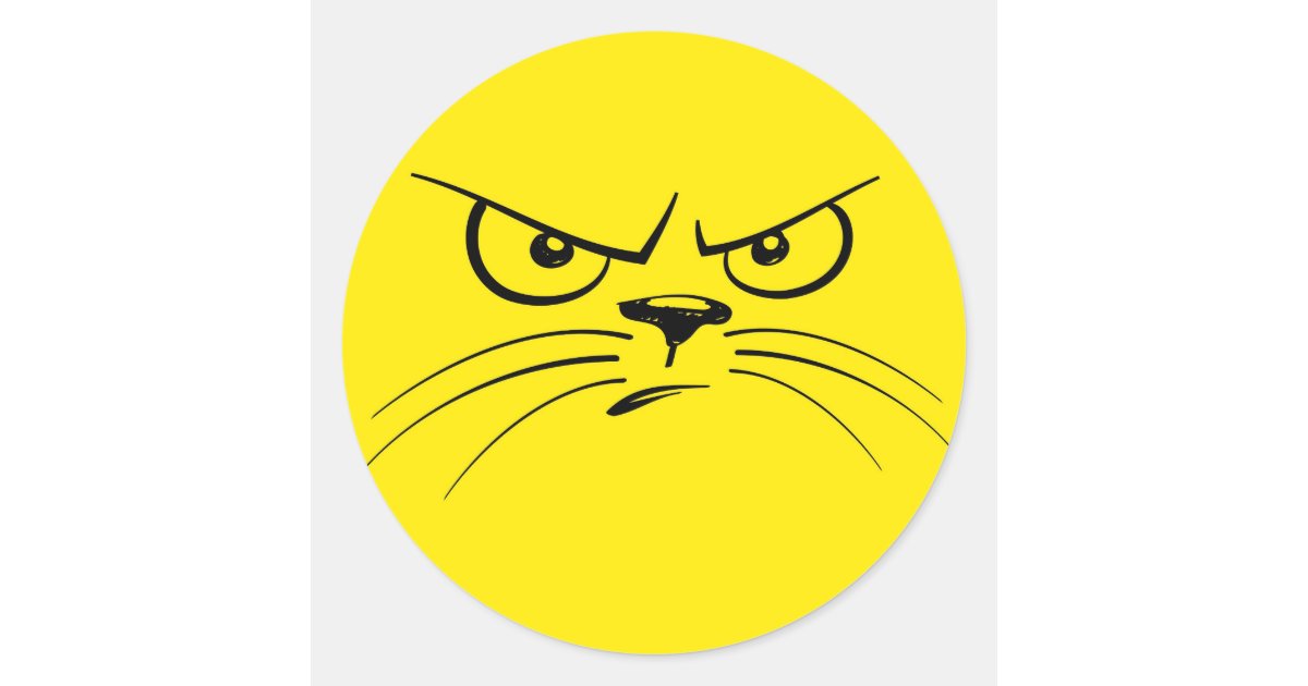 Sticker Rond Visage De Dessin De Chat En Colere Jaune Zazzle Fr