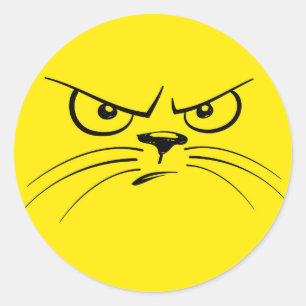 Sticker Rond Visage de dessin de chat en colère, jaune