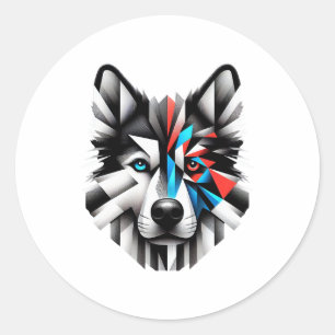 Sticker Rond Visage de Husky Géométrique Design d'Art Moderne