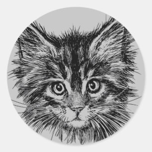 Sticker Rond Visage de Kitten noir et blanc sur gris