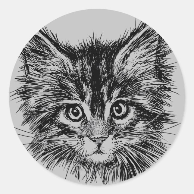 Sticker Rond Visage de Kitten noir et blanc sur gris (Devant)