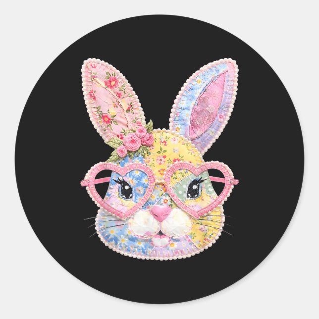 Sticker Rond Visage de lapin drôle Gles Patchwork floral Lapin  (Devant)
