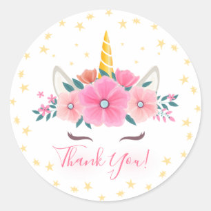 Sticker Rond Visage de licorne à l'aquarelle Fleurs Étoiles Mer