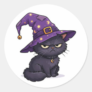 Sticker Rond Visage de Sorcière au Repos Chat Noir Grincheux Ha