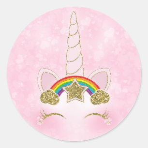 Sticker Rond Visage rose de klaxon de licorne d'étoile