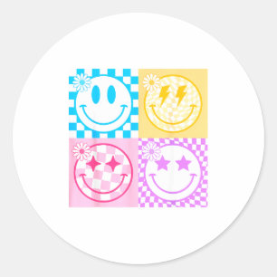 Sticker Rond Visage Sourire Heureux Rétro Motif à Carreaux Vibe