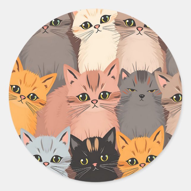 Sticker Rond Visages de Chat Mignons Motif Illustré (Devant)