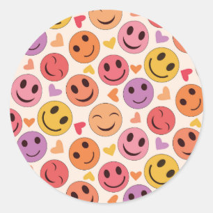 Sticker Rond Visages souriants et heureux colorés avec des cœur