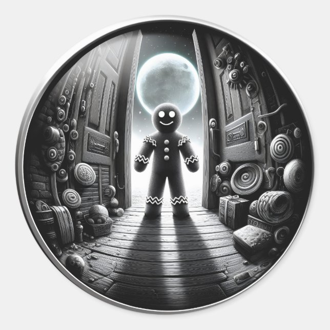 Sticker Rond Visiteur de pain d'épices sur la lune à la porte | (Devant)