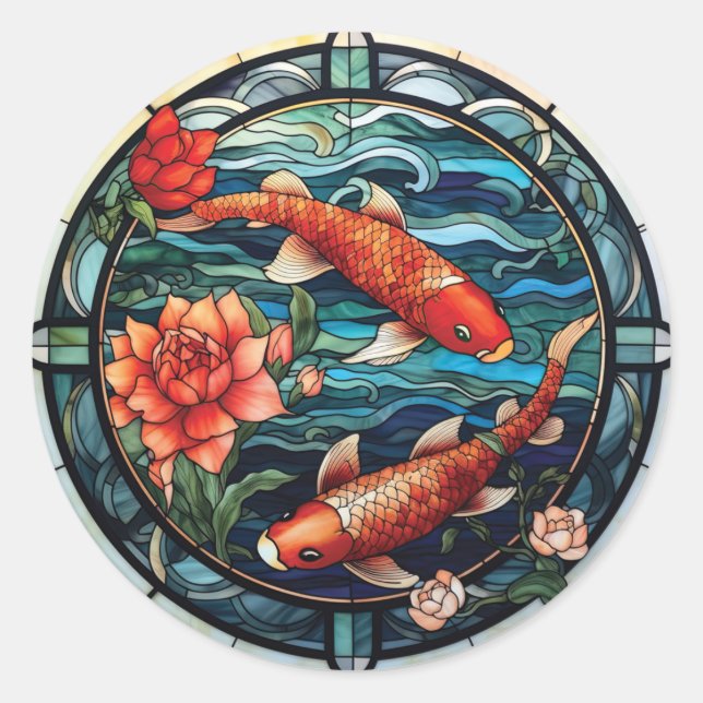 Sticker Rond Vitrail asiatique style Koi Poisson et Camellias (Devant)