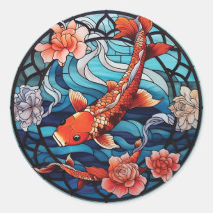 Sticker Rond Vitrail asiatique style Koi Poisson et Camellias